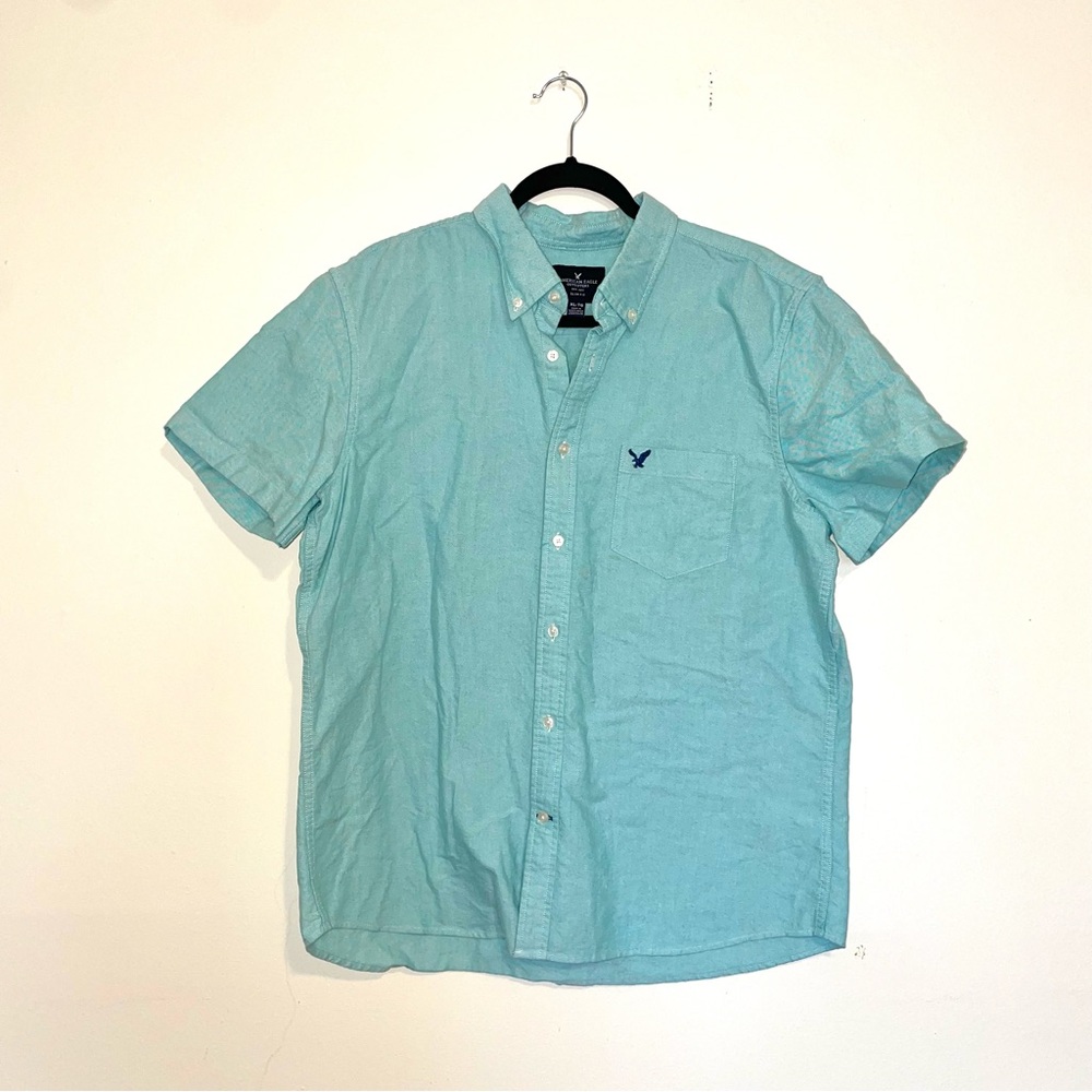 America Eagle | Slim Fit Aqua Short Sleeve Button-Down Shirt